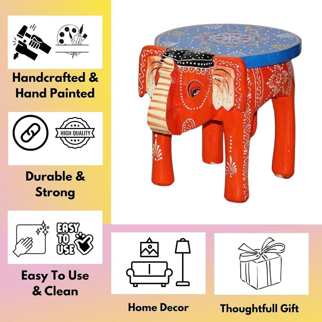 Hand-Crafted and Emboss Colorful Painted Wooden Elephant Shape Stool for Home/Office/Living or Bedroom Decor,Decorative Showpiece