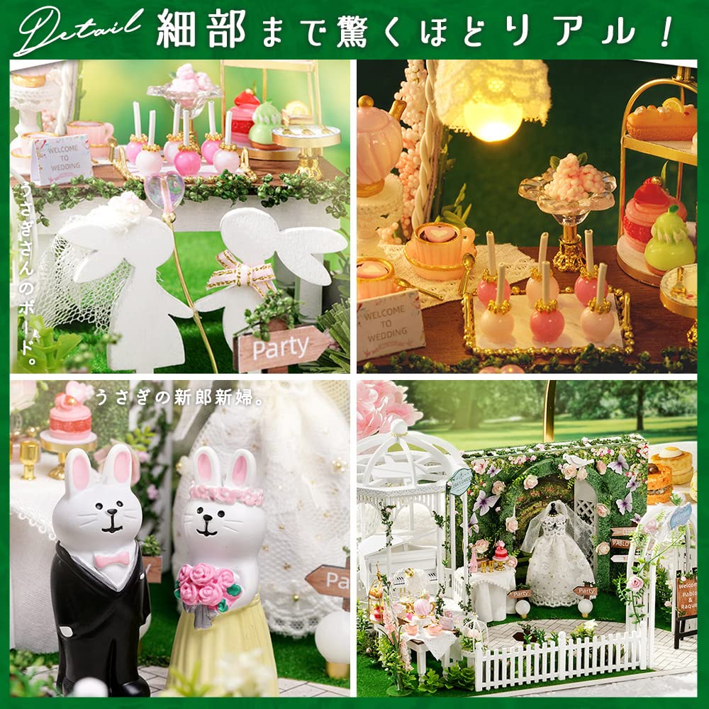 moin moin 124 Dollhouse Miniature Handmade Kit Set Flower Garden Wedding Butterfly Rabbit Chapel Ceremony Hall Wedding  LED Light + Acrylic Case +