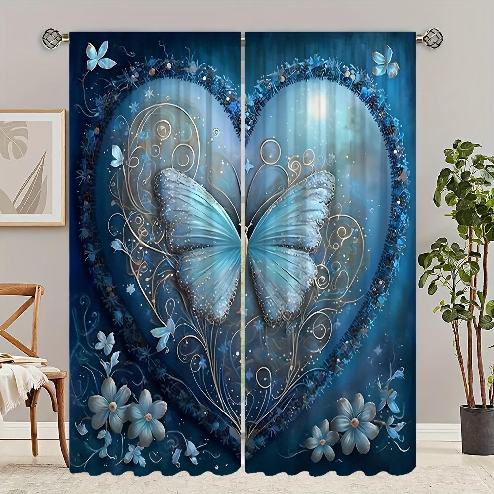 

2pcs Blue Heart-Shaped Butterfly Curtain Rod Sets – Perfect for Bedroom Office Kitchen Living Room and Home Decor 100*130 HOOK 1pcs