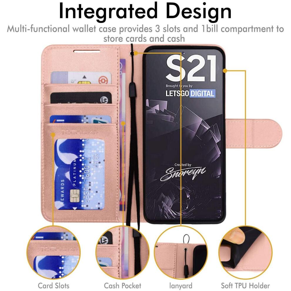 Galaxy S21 Leather Wallet Case, Flip Protective Case Cover with Wallet Card Holder, Stand and Wrist Strap - Rose Gold