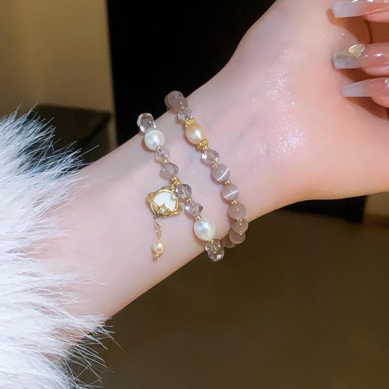 Handmade Cats Eye Stone Double Layer Bracelet With Pearl Accents Geometric Design Vintage Chic Womens Jewelry