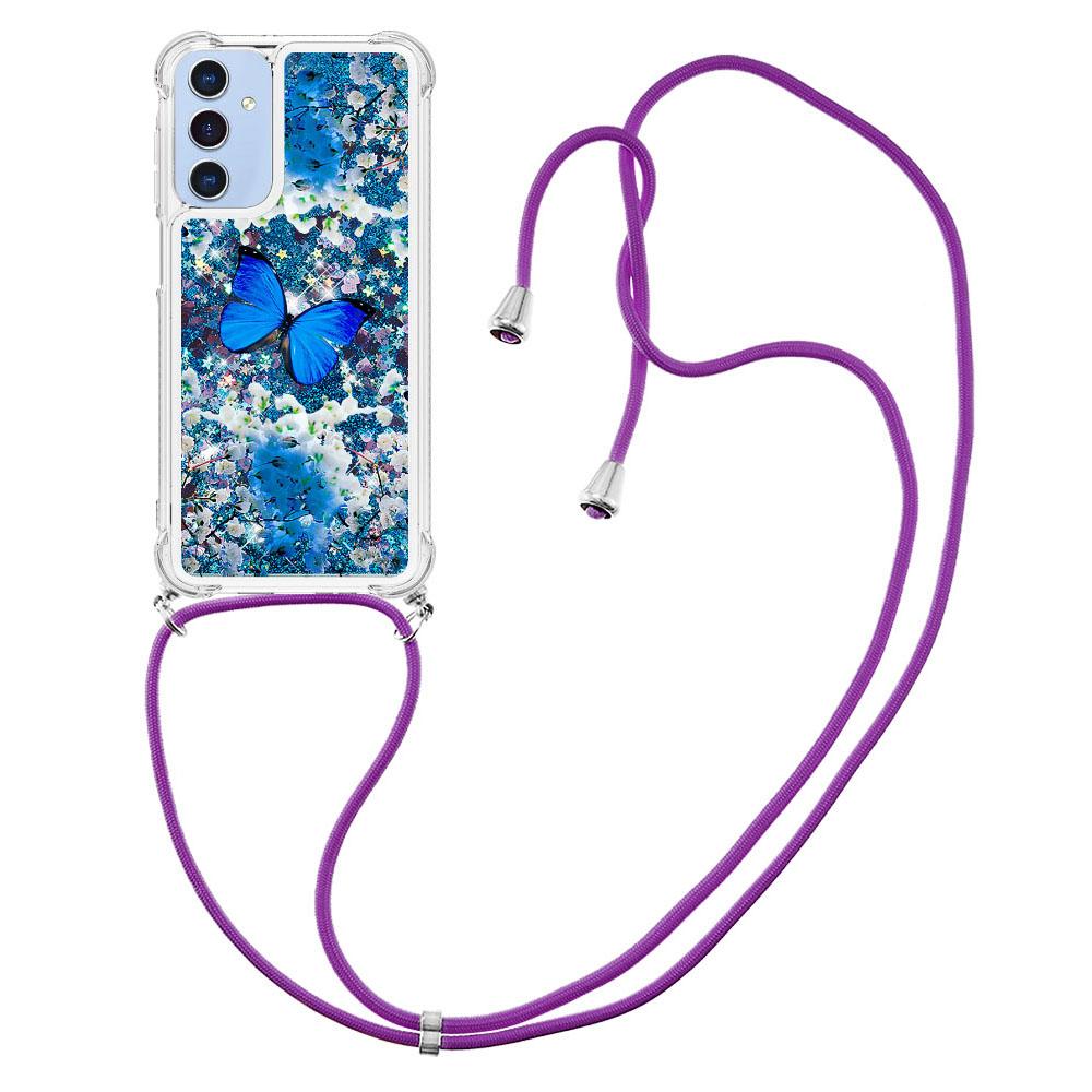 

For Samsung Galaxy A15 5G TPU Case with Lanyard Quicksand Pattern Print Phone Cover Blue Butterfly