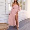 European and American new bohemian sexy off-the-shoulder dress with pleated side split long skirt