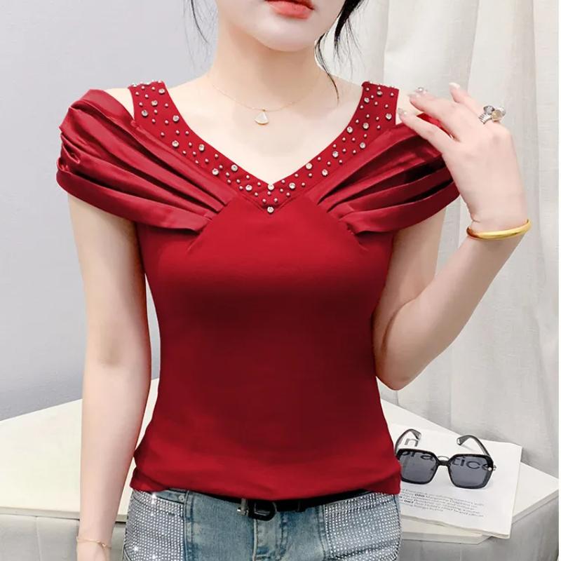 Classic Summer Women's Sexy V-Neck Hot Diamonds T-shirt Elegant Off Shoulder Ladies Tops Shirts Short Sleeved Cotton Tees