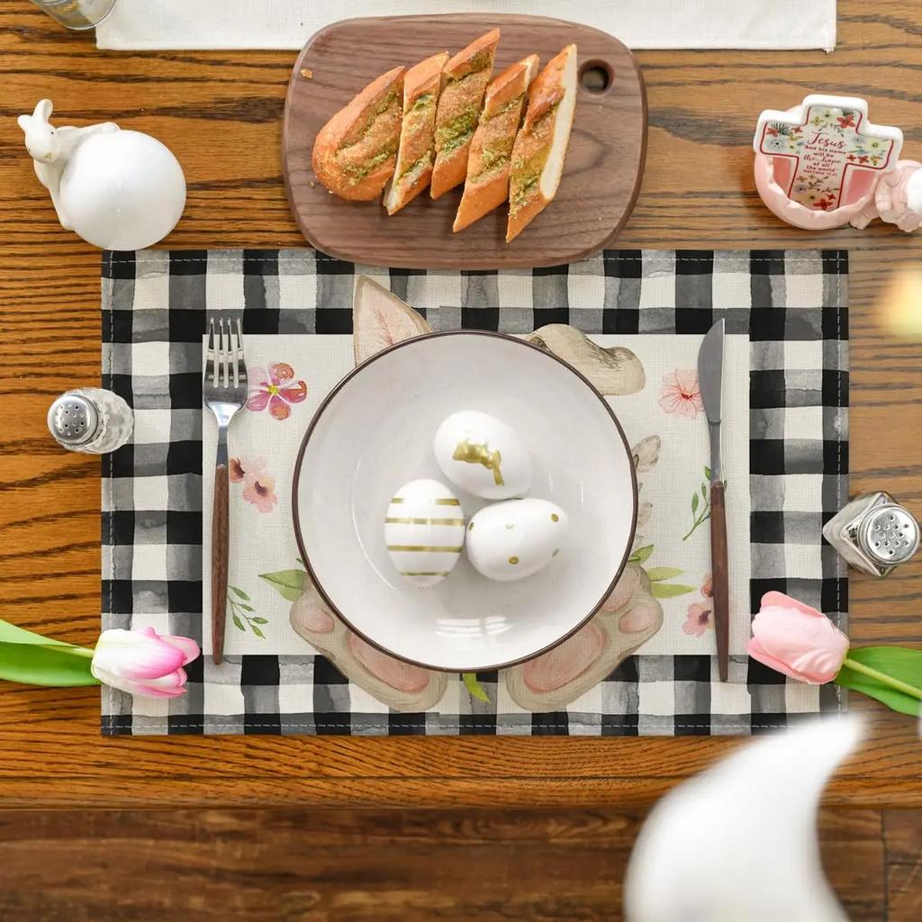 1PC Easter Placemats Buffalo Plaid, Bunny Ear Foot, Flower,Seasonal Table Mats for Party, Kitchen, Dining Decor