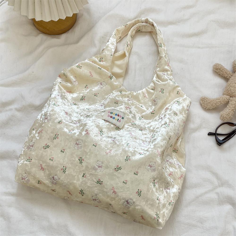 Fashionable Finish Pearl Bear Motif Silk Shoulder Bag With Spacious Design For Daily Outings