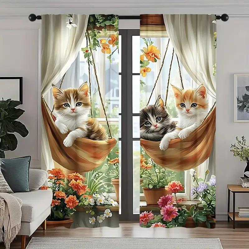 2PCS- Charming Cat and Flower Print Curtains, Pole Bag Curtains, Bedroom and Living Room, Home Decoration, Room Decoration