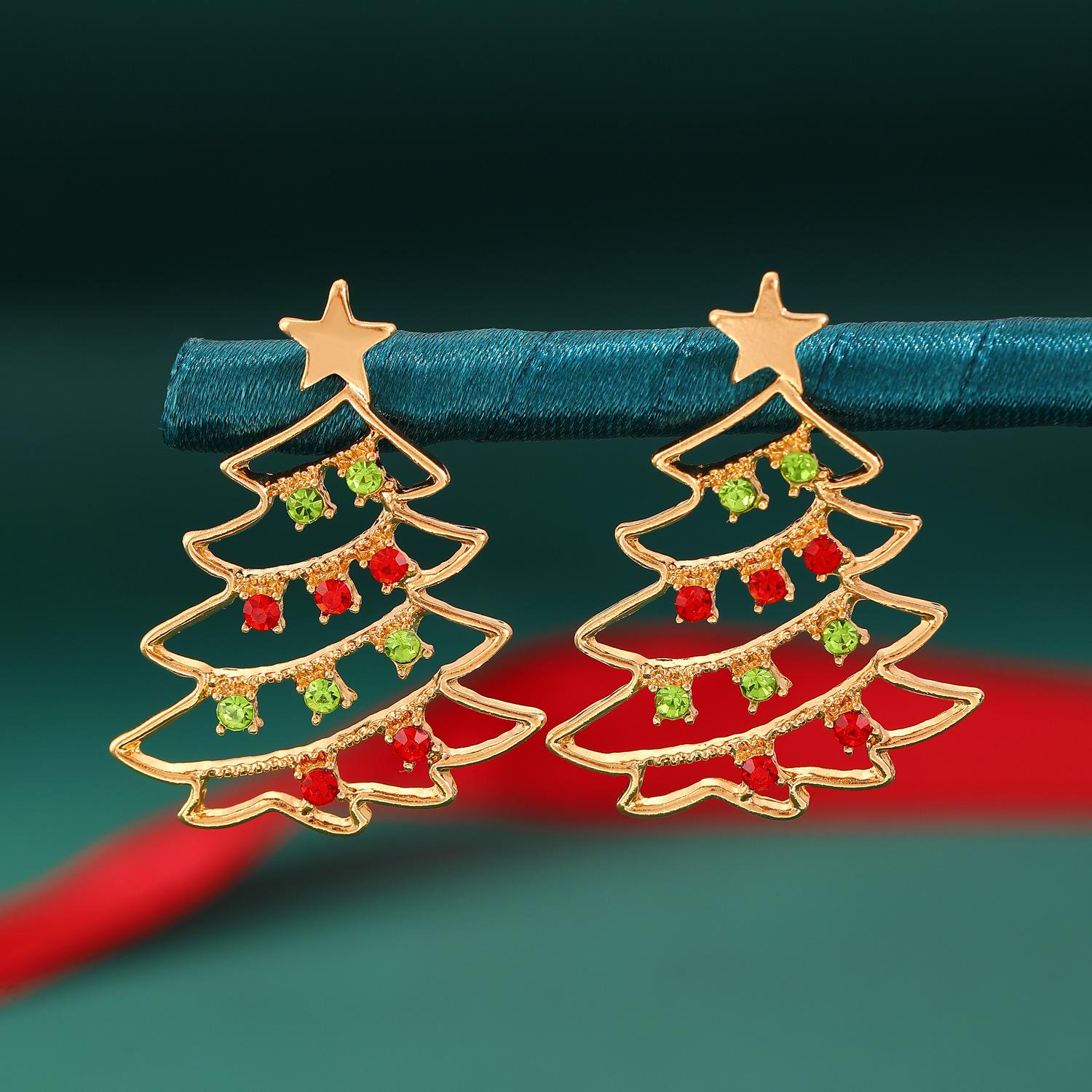 

Elegant Christmas Tree Stud Earrings with Red and Green Rhinestones for Women - Perfect for Holiday Parties.
