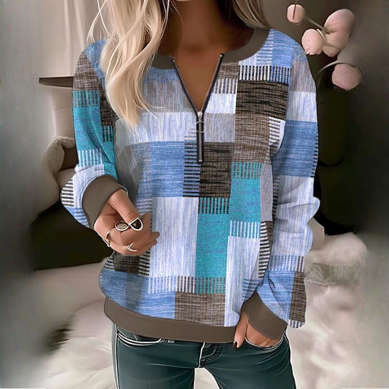 Women's Autumn/Winter Printed V-Neck Zip Loose Knit Shirt