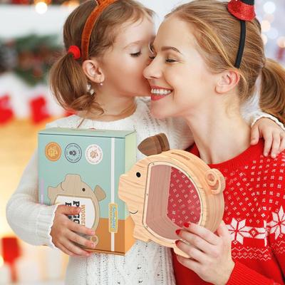 Yousheng Wooden Piggy Bank Cute Pig Shape Coin Bank Savings Box Reusable Piggy Money Box with Clear Windows for Kids Toddlers Birthday Gift