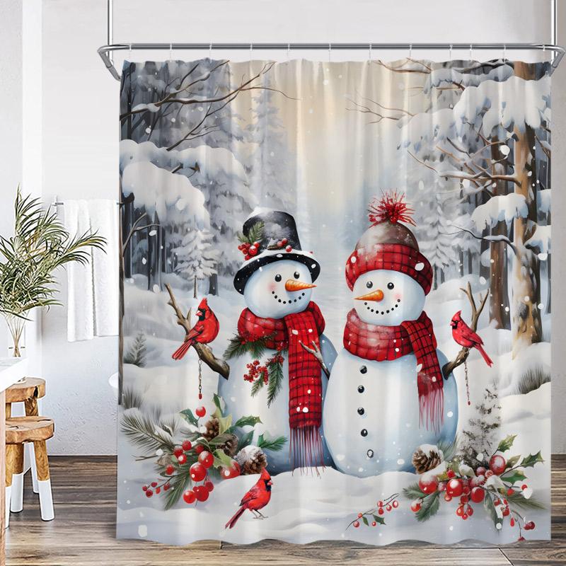Funny Snowman Shower Curtain Silver Pine Branches Winter Forest Cedar Red Truck Elf Christmas Bath Curtains Home Bathroom Decor