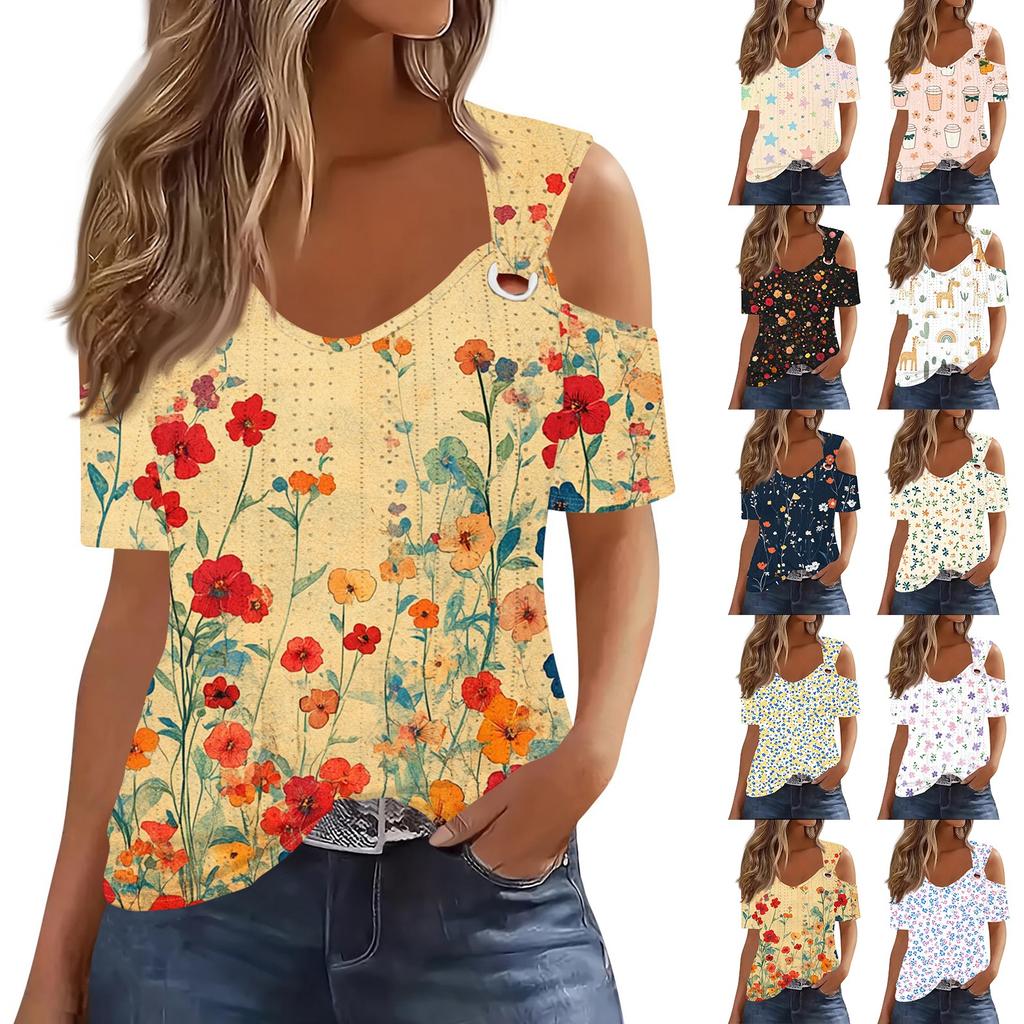 Sexy Cold Sholuder Tops For Women  Summer Hollow Out Eyelet Short Sleeve Blouse Loose V Neck Tshirt Trendy Casual Tunics