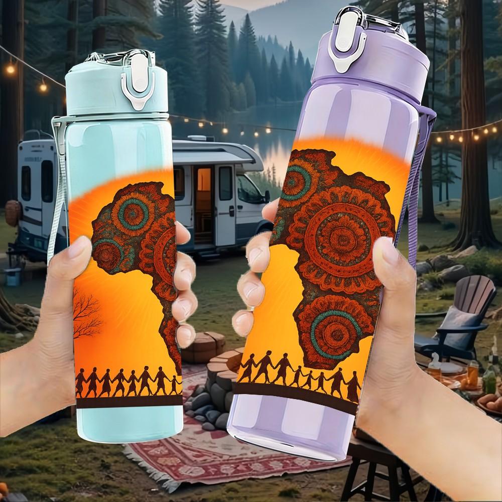1PC African Continent Orange Texture 750ml Color Plastic Sports Water Bottle Leakproof Flip Straw Lid Suitable for Sports Office Home Use