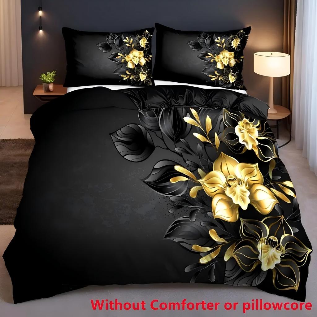 Black Gold Floral 3D Print Duvet Cover Retro Style Design Flowers Soft Comfortable For Teens Adults Quilt Cover Pillowcase