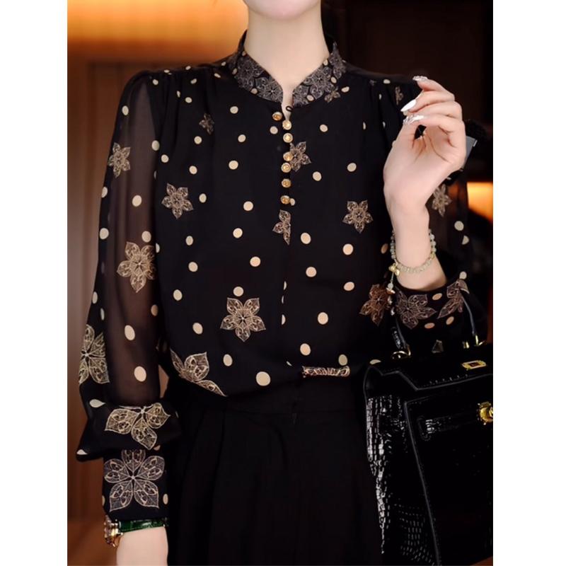 Women Fashion Polka Dot Print Blouse Office Lady Vintage Elegant Commute Button Shirt Stand Collar Long Sleeve Loose Tops