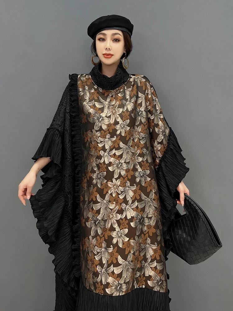 Xitao Print Contrast Color Patchwork Batwing Sleeve Dresses LJ1091
