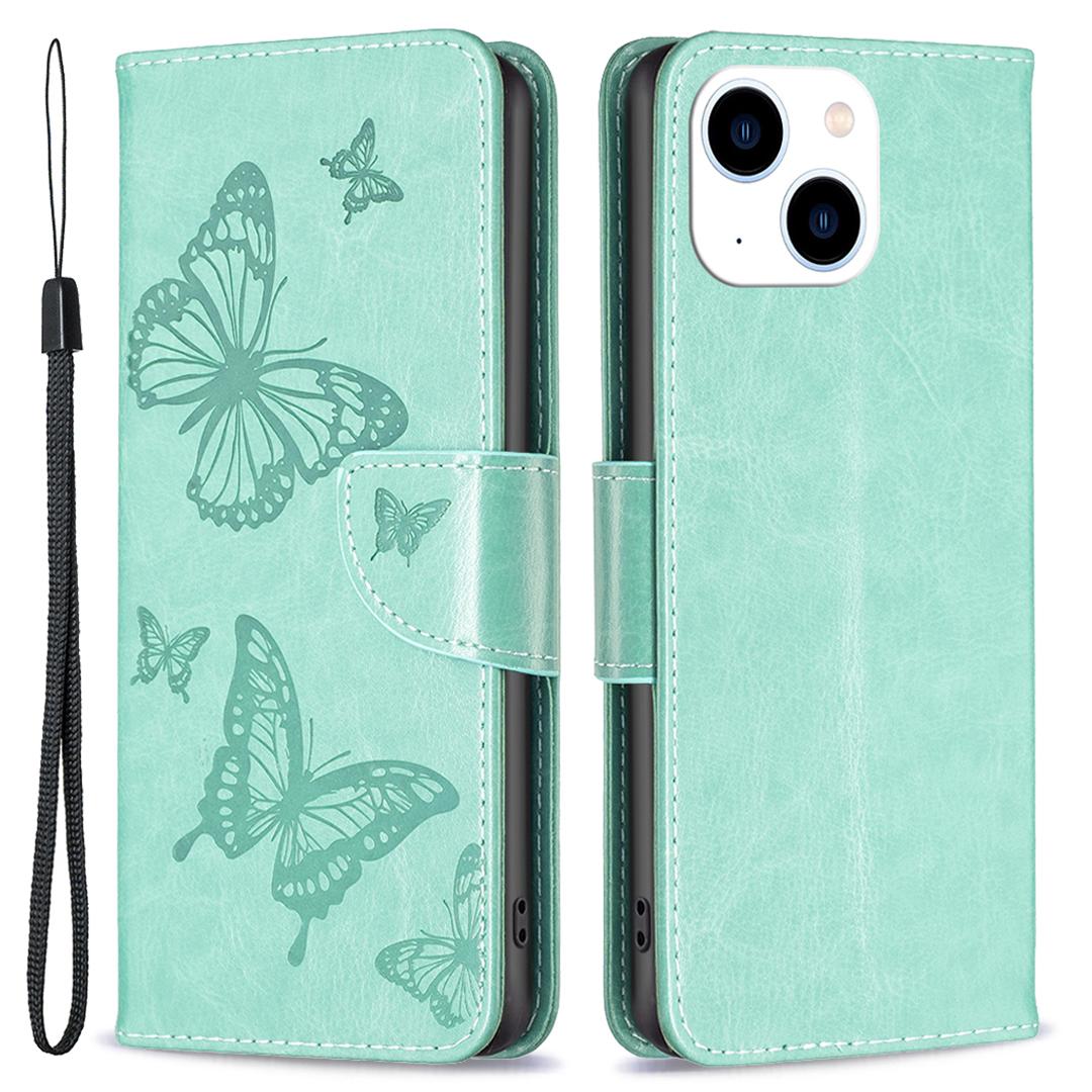 

For iPhone 15 Foldable Stand Wallet Phone Flip Case Butterfly Imprinted Leather Cover with Strap Green