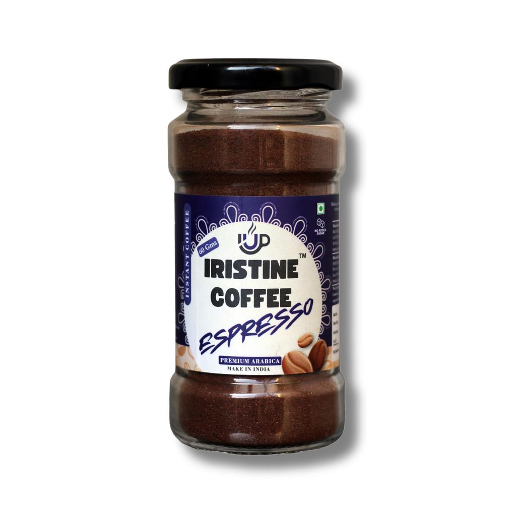 Iristine Espresso Premium Instantní káva | 100% Čistá Arabika Instantní káva | 60g, Sklenice | Bez přidaného cukru | Středně tmavý pražení | Vyrobeno v Indii.