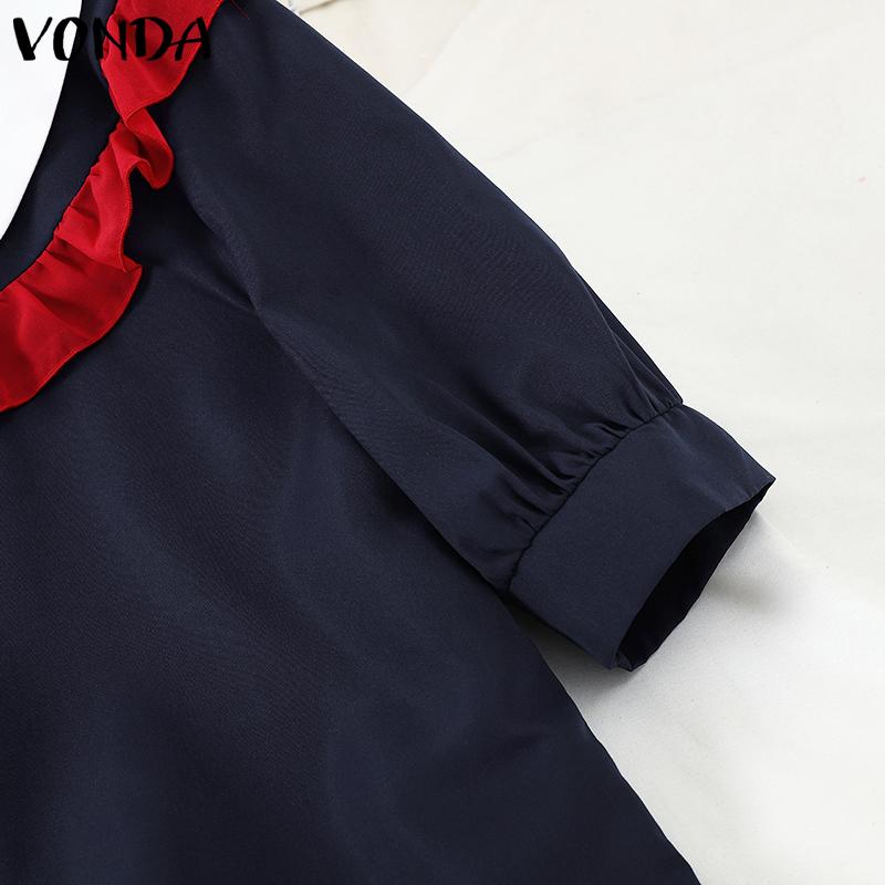 VONDA Women Summer Lapel Short Sleeve Ruffled Contrast Blouses