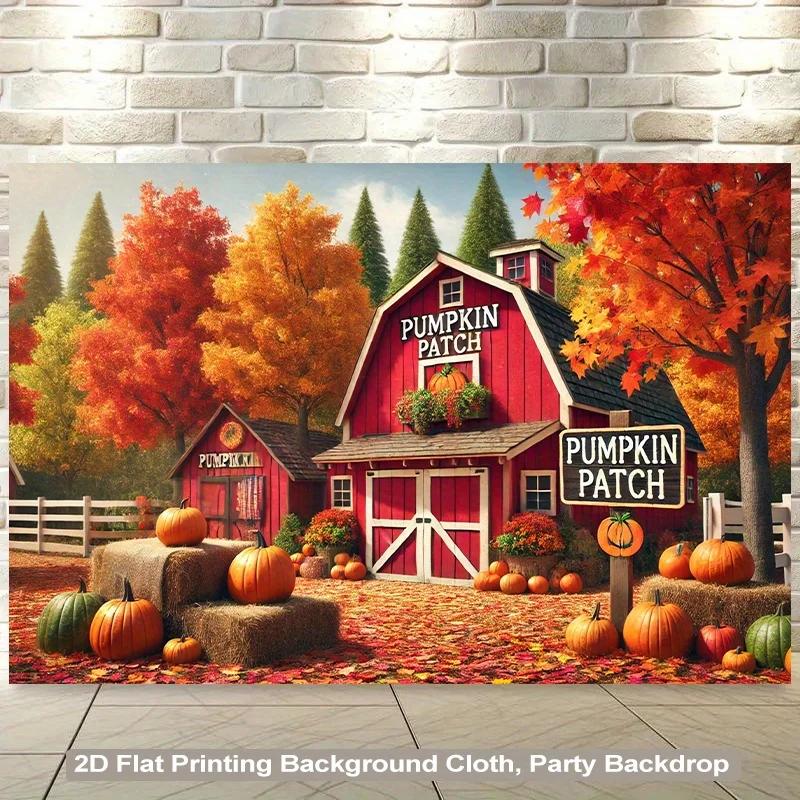 piece of 2D background fabric red farmhouse and pumpkin scenery polyester fabric background fabricPMJ