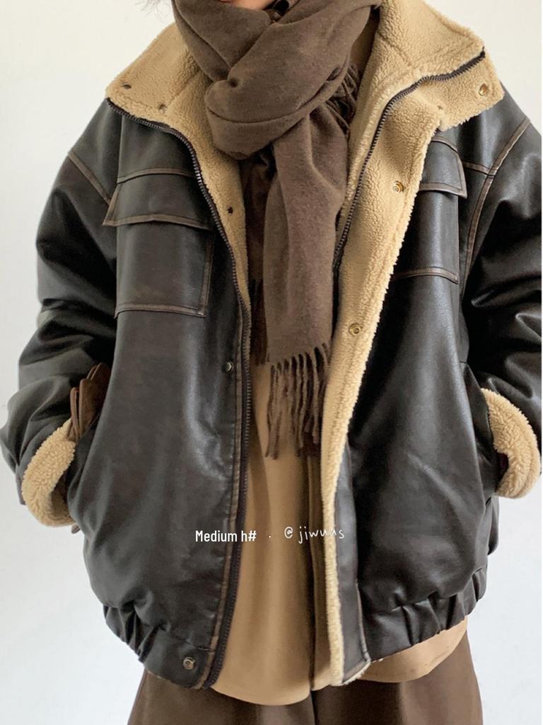 Unisex Japanese Retro Lambswool Leather Jacket for Autumn and Winter