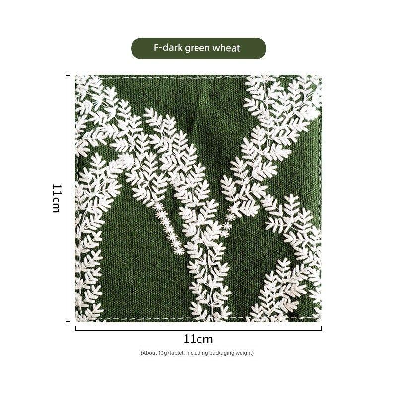 

Хлопковая и льняная подставка в стиле INS, вышитая ткань, подставка для кофейного столика, утолщенная теплоизоляционная подкладка, кофейная подставка Dark green wheat 11*11cm
