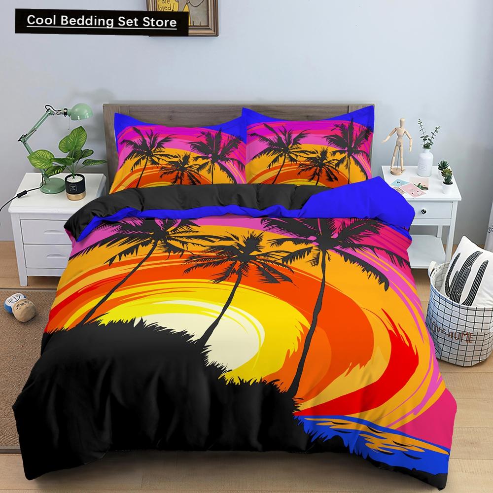 Tropical Coconut Palm Tree King Queen Duvet Cover Hawaii Seaside Sunset Bedding Set Sunrise Plant 2/3pcs Polyester Quilt Cover