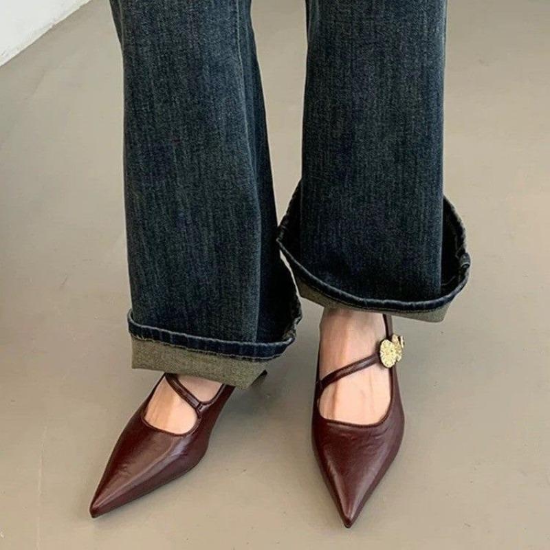 Soft Leather Version~ Pointed Temperament Metal Buckle One-word Strap High Heels, Light Mouth Low Heel Commuting Black Single Shoes Women