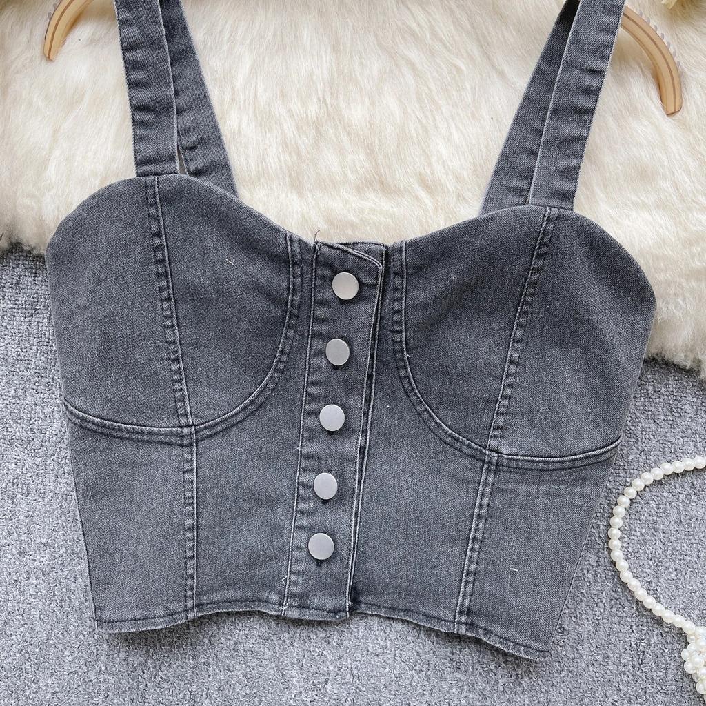 Hongkongský styl Retro Džínový top Dámský Design Jednořadé Slim fit Krátký Pupík Sexy Gyaru Sle Cami Móda