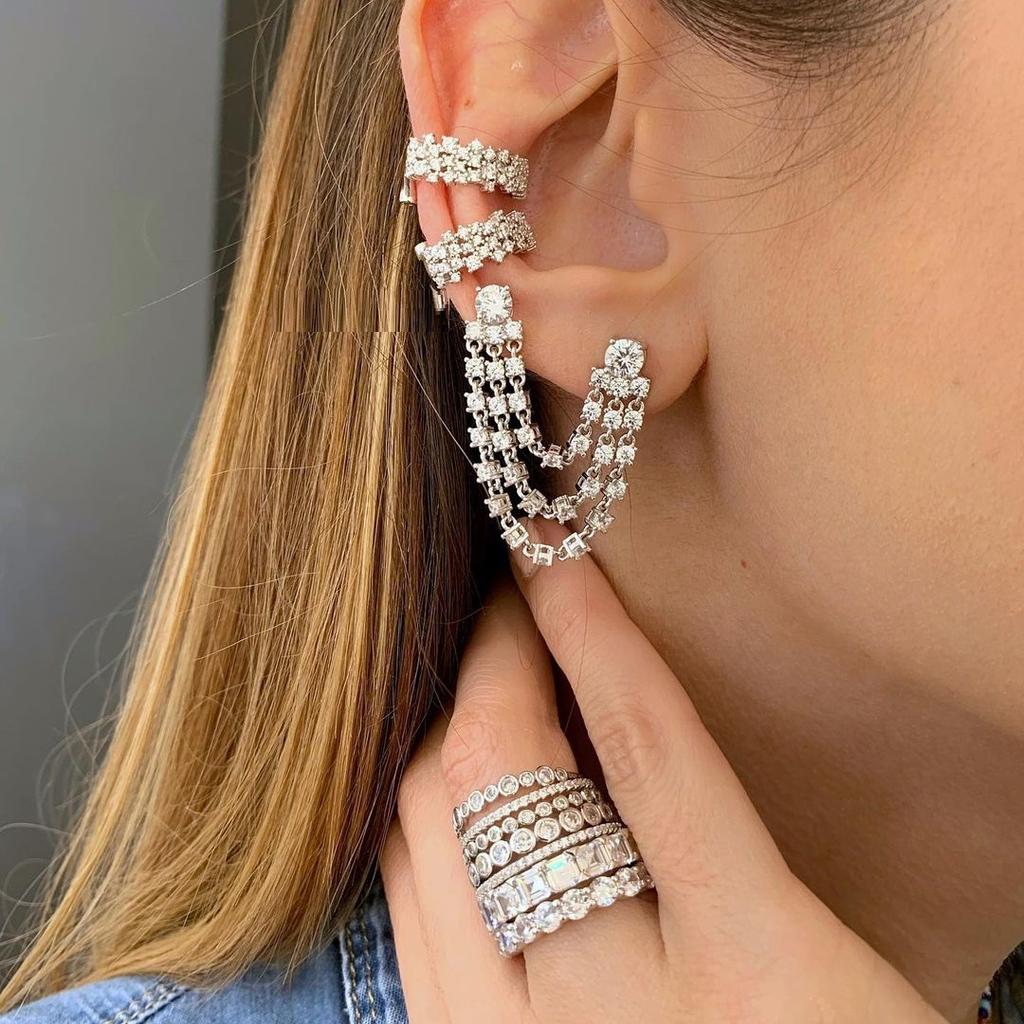 Trendy Cz Tassel Double Piercing Earring 5A Cz Link Chain Sparking Bling Multi Drop Chain Earring for Women
