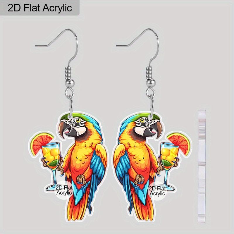 2D Flat Fun Tropical Parrot Earrings Drink Parrot Pattern Acrylic Pendant Earrings Birthday Accessories Gift