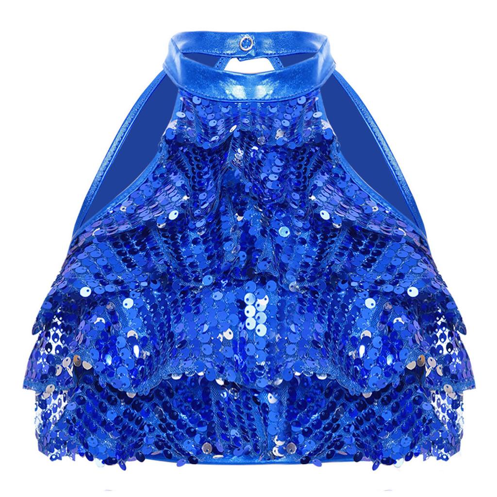 Girls Sleeveless Mock Neck Shiny Sequin Tiered Backless Crop Top Dance Performance Top