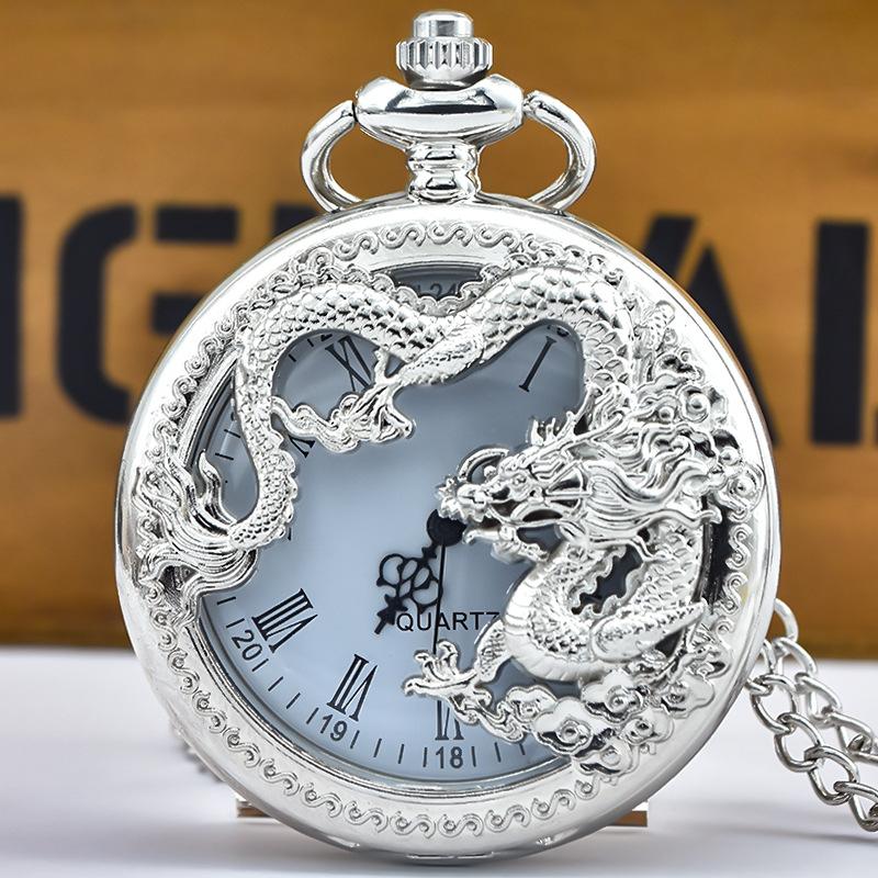 Antique Chinese Zodiac Dragon Vintage Quartz Pocket Watch with Chain, Retro Flip Cover Hollow Pendant Christmas Gift
