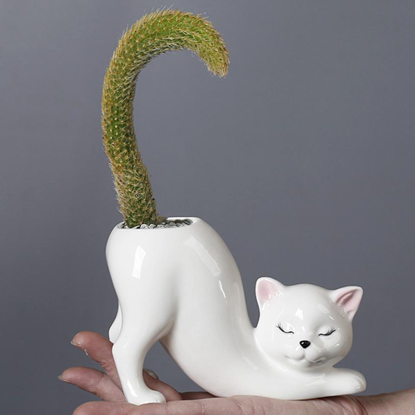 Cat Shape Flower Pot Porcelain Succulent Planter Mini Flower Vase Desktop Ornament Porcelain Vase For Gardening Potted Planters