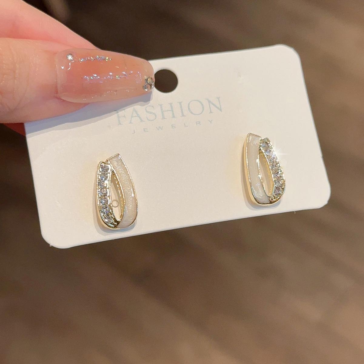 White Color Double-layer U-shaped Crystal Geometric Stud Earrings for Women Simple Unique Girl Zircon Christmas Gift