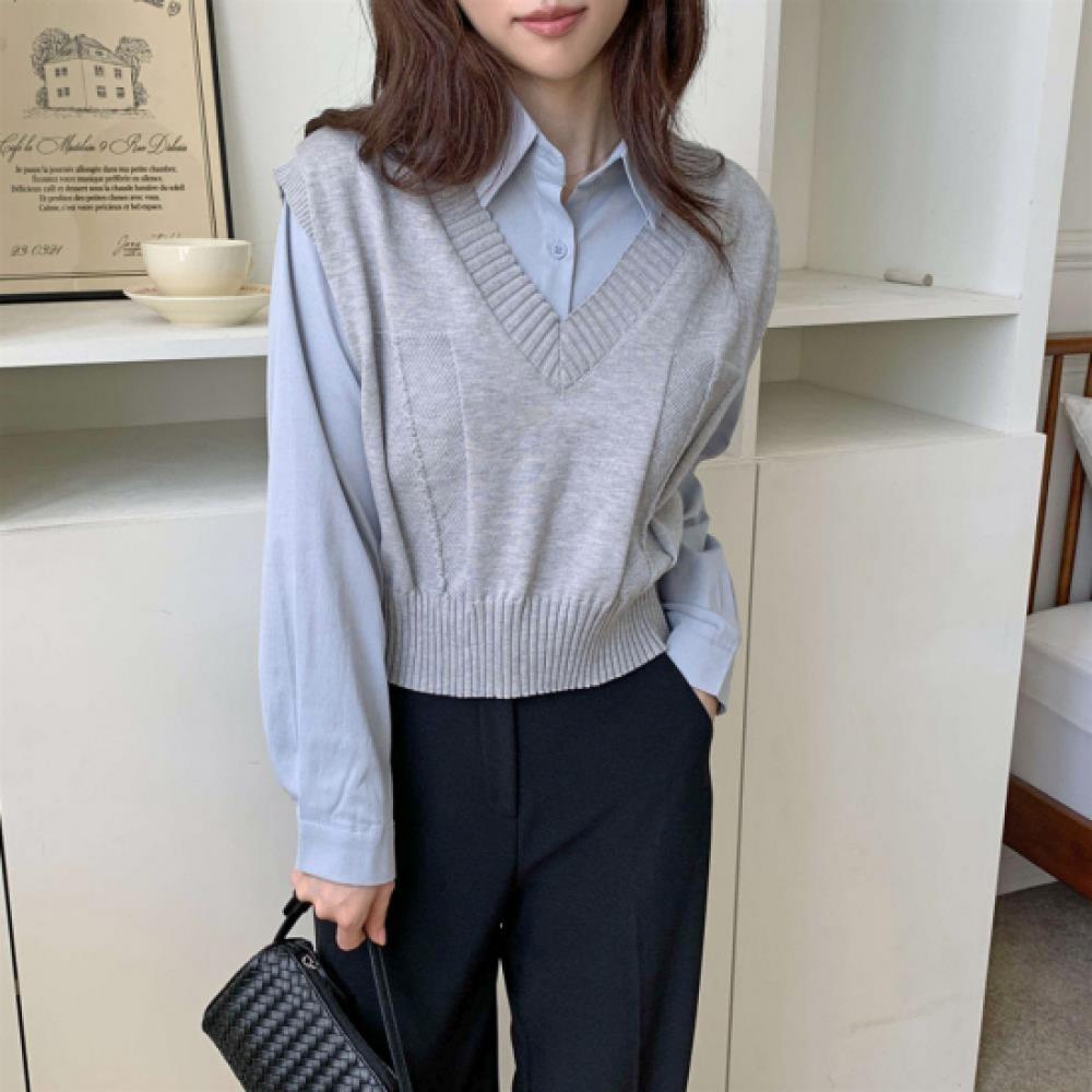 New Arrivals Open Run Women Ribbed Knit Vest And Cotton Shirt Set
