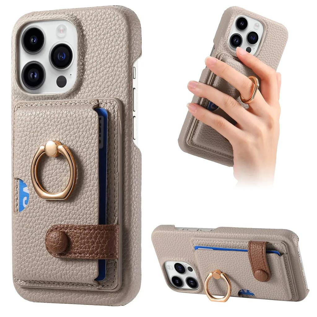 Leather Ring Support Phone Case for IPhone 16E 16 15 14 13 12 11 Pro Max X XR 7 8 Plus Wallet with Card Holder Shockproof Cover