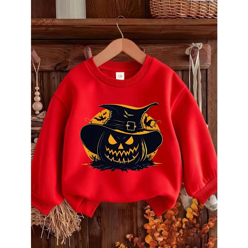 Girls' Beige White Short Sleeve Sweatshirt - Pinkish-Beige Round Neck Casual Winter Sweater with Witch & Pumpkin Print