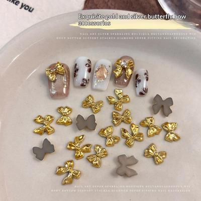 50Pcs Gold Silver Brief French Bow Tie Bowknots Ribbon Resin Nail Art  Decorations Manicure Imitation Metal Charms