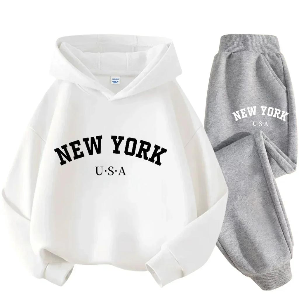 TZWYChildren Hoodie Set Autumn Winter New York USA Letter Graphic Sweatshirt Pant Suit Baby Boy Girl Kid Sport Two Pieces Tracksuit