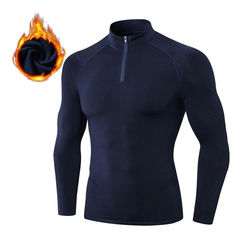 Men's Autumn Winter Fleece Fitness Clothes High Elastic Compression Sports Running Training Long Sleeve Warm Stand Collar Sweatshirt
