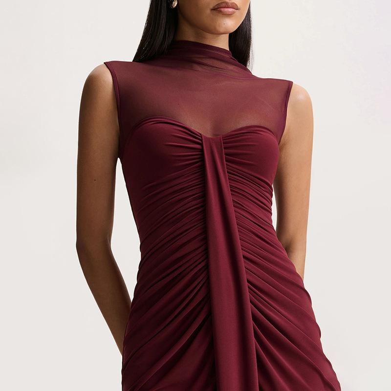 Elegant High Neck Sleeveless Slim Fit Long Dress with Mesh Splice and Ruffles for Women - Spring/Summer 2026 Collection