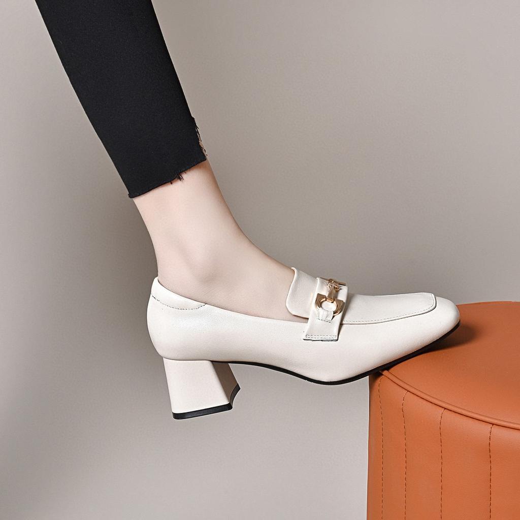 Square Head Shallow Mouth Single Shoes Women's 2025 Spring and Autumn New British Style Metal Buckle Small Leather Shoes Two High Women's Loafers