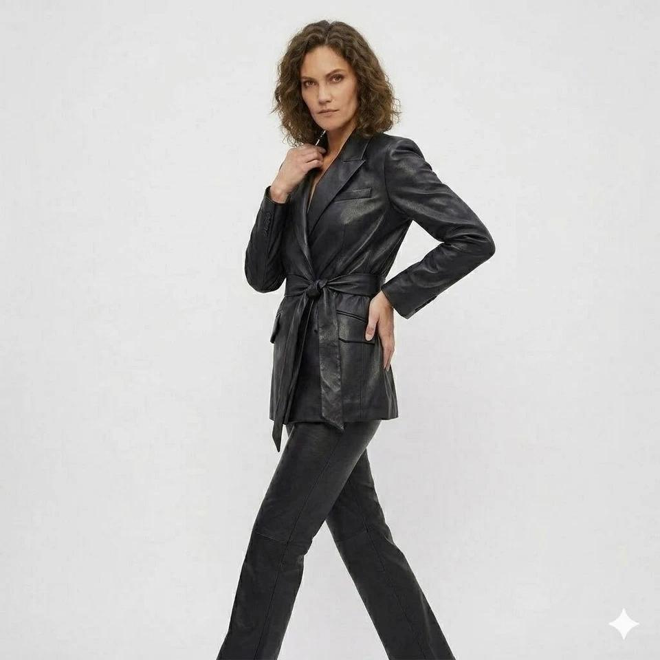 Women's Slim Fit Genuine Handmade Black Real Lambskin Leather Trench Coat Stylish