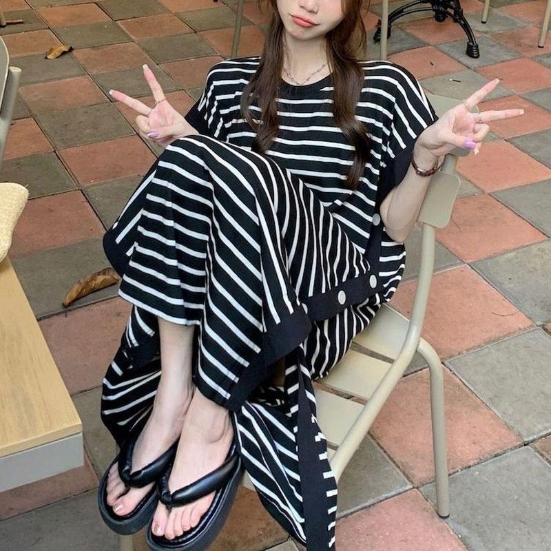 Casual Button Split Striped Dresses Female Clothing Loose Korean Patchwork Short Sleeve Summer O-Neck Basic Straight Midi Dress