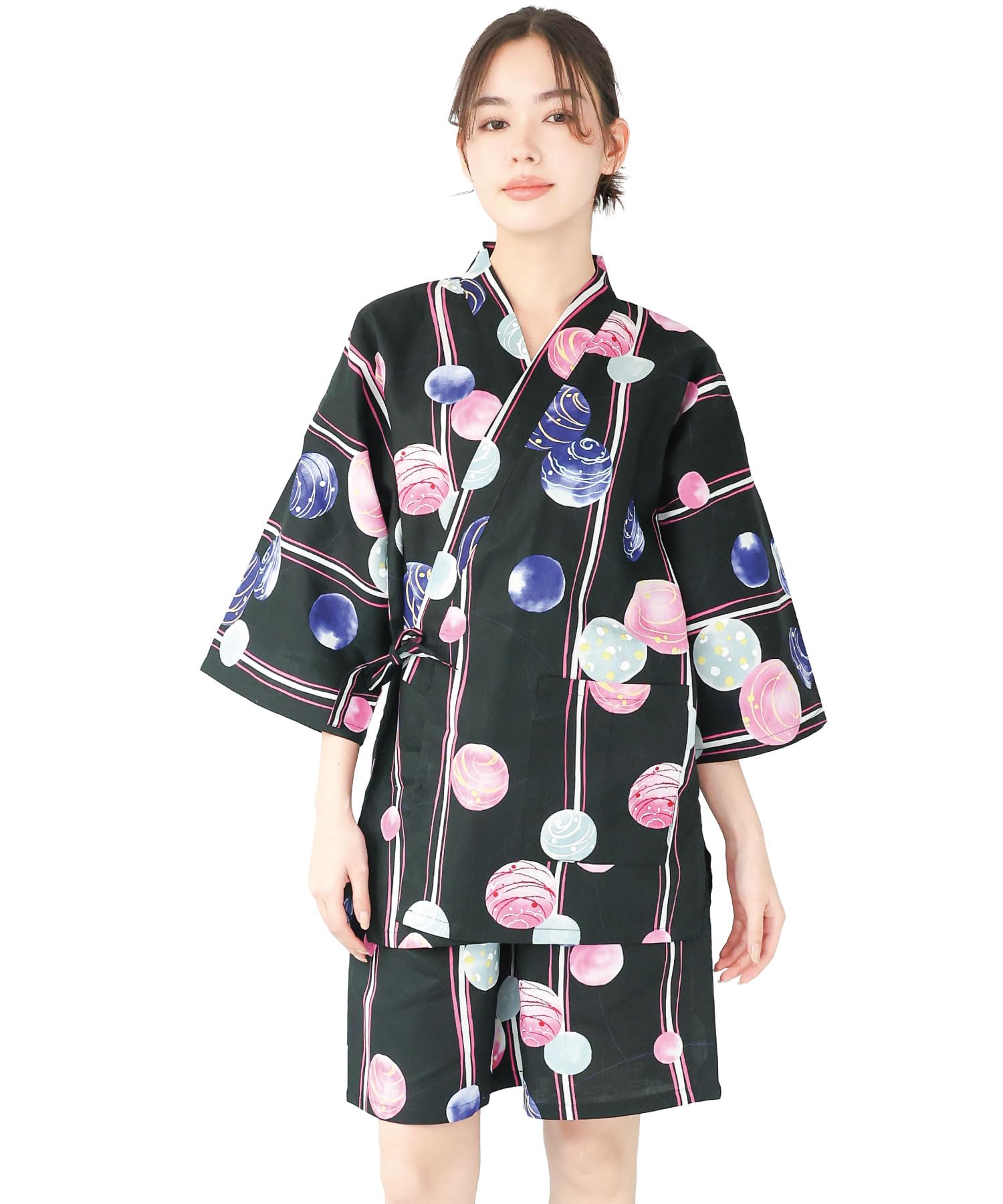 

Nishiki Jinbei Top and Bottom Perfect for Fireworks Summer and Other Cool Yukata Japanese Style Black Polka Size 24909-4 Women s Set, 100% Cotton,