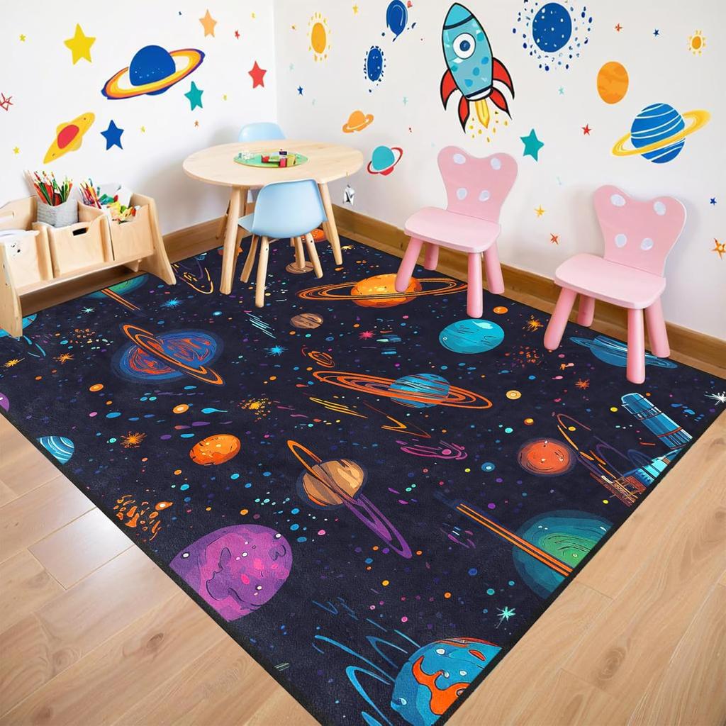 Outer Space Galaxy Rug for Kids Bedroom, Solar System Play Carpet, Universe Theme Non-Slip Floor Mat for Boys and Girls