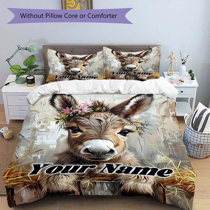 3PC Custom Name Donkey Floral Crown Bedding Set Duvet Cover Closure Includes 1 Duvet Cover & 2 Pillowcases for Bedroom