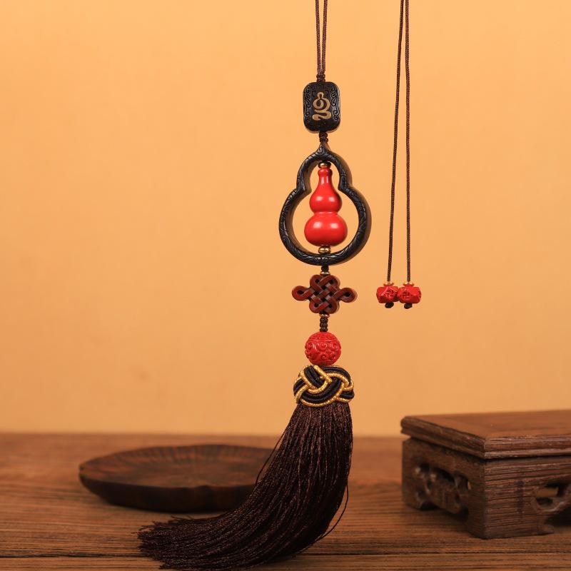 Chinese Red Cinnabar Gourd Car Pendant: Men's Blessing and Peace Charm, Compact and View-Friendly.