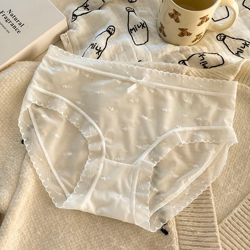 Women Mid Waist Ice Silk Lace Solid Color Antibacterial Crotch Comfortable Ladies Panties